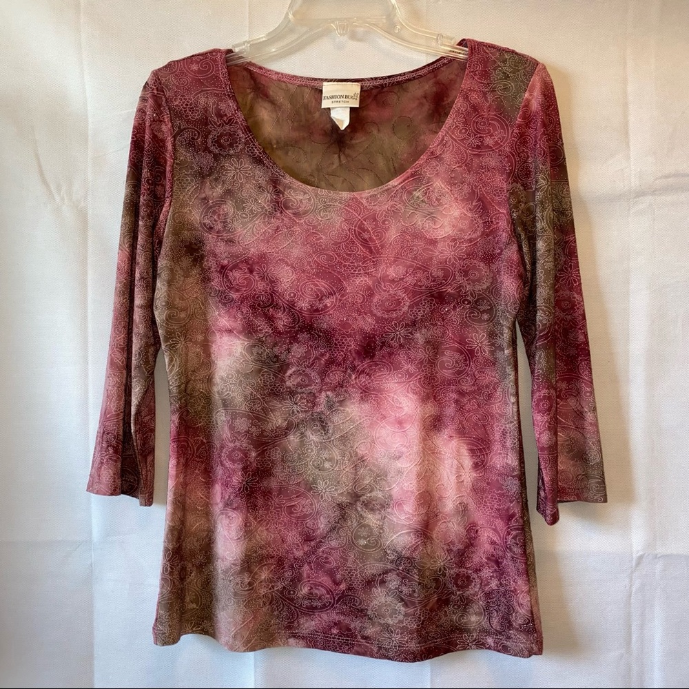 Fashion Bug Stretch - Pink and Brown Sparkly Swirl Pattern Top - Small